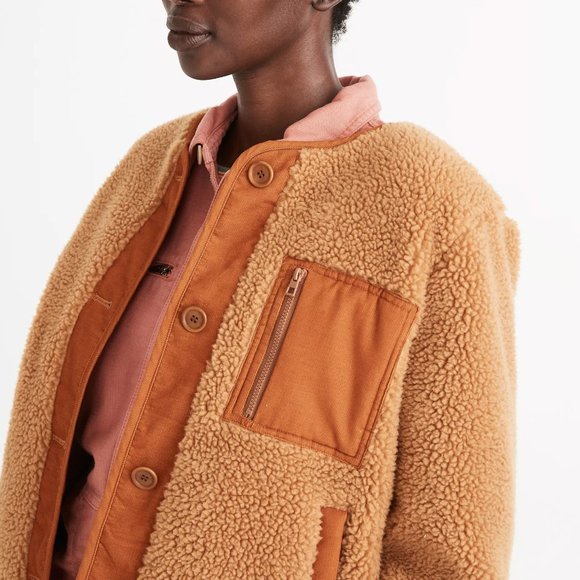 Madewell Women's Cozy Teddy Sherpa Chestnut Jacket with Corduroy Trim XS - Picture 4 of 13